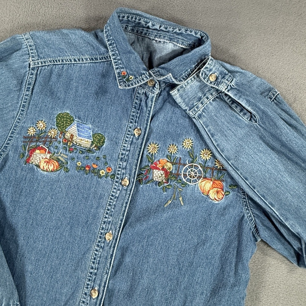 Bobbie Brooks Vintage Denim Shirt Womens Medium Blue Pumpkin Embroidered 90s